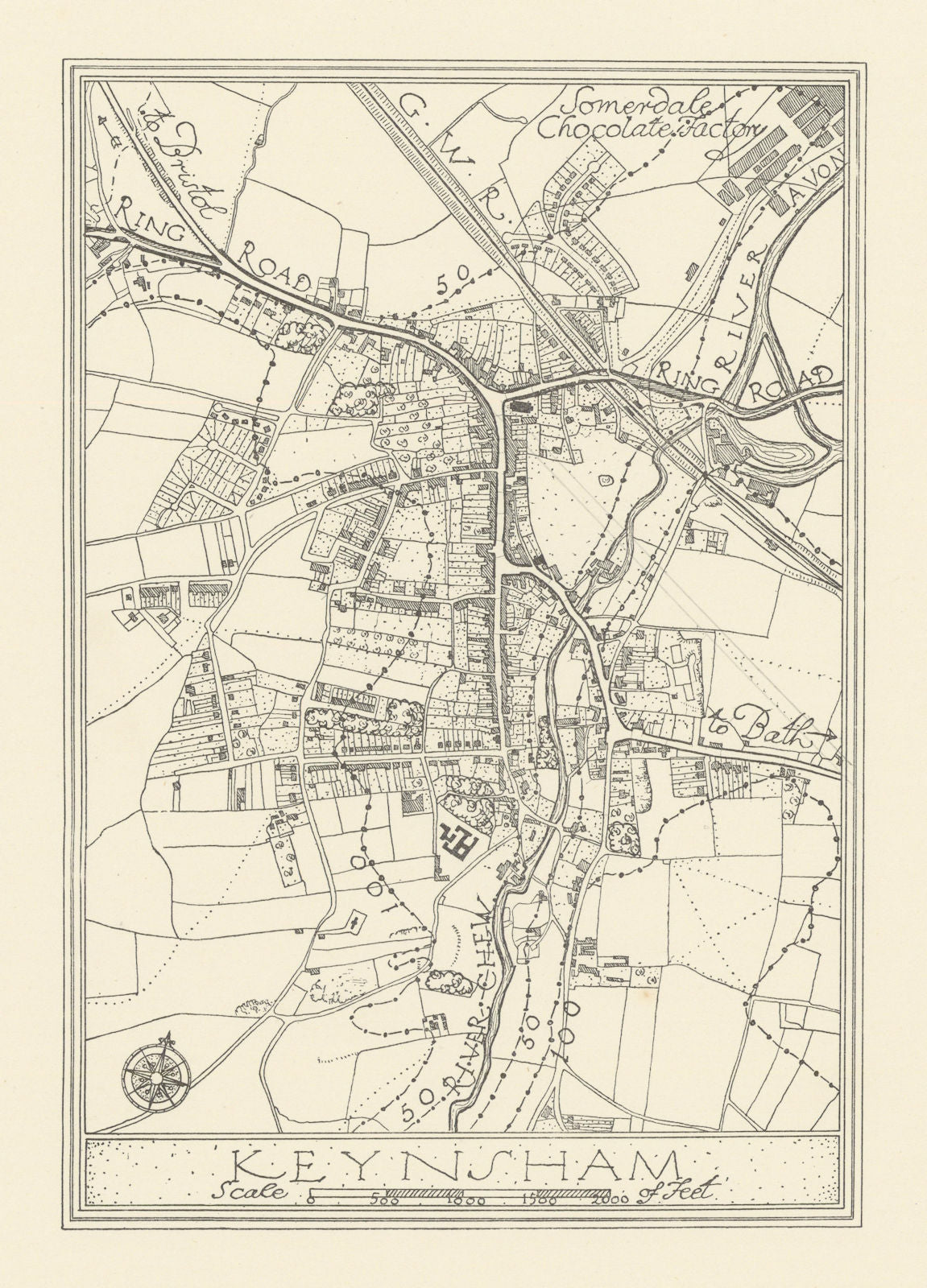 Town plan of Keynsham by Patrick Abercrombie. Somerset 1930 old vintage map
